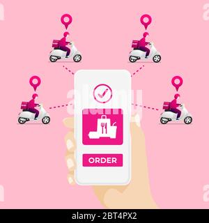 Food delivery service by scooter with courier. Delivery service app on mobile phone. Stock Vector