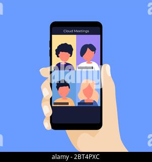 Meeting a company via video conference on a mobile phone. Cloud Meetings. Stock Vector