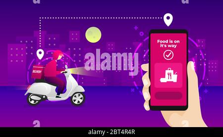 Night food delivery service by scooter with courier. Hand holding mobile application tracking a delivery man on a moped. Stock Vector