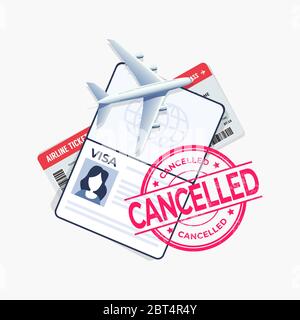 The flight is cancelled with the passport and travel ticket. Stock Vector