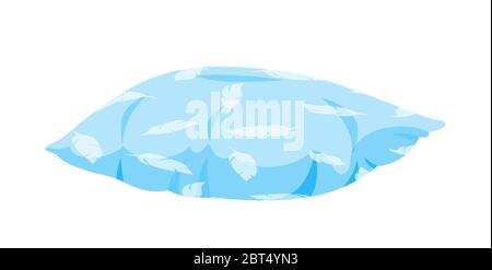 Blue pillow with feathers pattern flat cartoon. Soft, lying on the bed, sofa. Feather, bamboo eco fabric. Colorful square cushion design. Isolated on white vector illustration Stock Vector