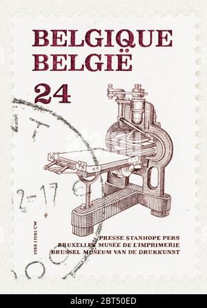 SEATTLE WASHINGTON - May 2, 2020:  Stanhope press on Belgium postage stamp of 1988.  Scott # 1306 Stock Photo