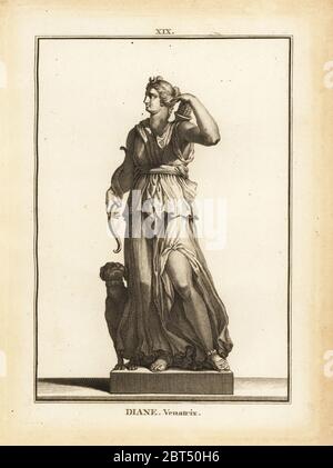 Statue of Diana Venatrix, Roman goddess of the hunt, with bow, arrow and quiver. Copperplate engraving by Francois-Anne David from Museum de Florence, ou Collection des Pierres Gravees, Statues, Medailles, Chez F.A. David, Paris, 1787. David (1741-1824) drew and engraved the illustrations based on Roman statues, engraved stones and medals in the collection of the Museum de Florence and the cabinet of curiosities of the Grand Duke of Tuscany. Stock Photo