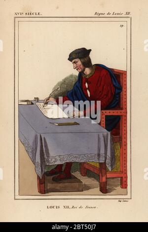 King Louis XII of France, 1462-1515. The king sits at a table writing a letter with quill pen to Anne of Brittany. Handcoloured lithograph after a manuscript in Bernard de Montfaucon's collection IV X from Le Bibliophile Jacob aka Paul Lacroix's Costumes Historiques de la France (Historical Costumes of France), Administration de Librairie, Paris, 1852. Stock Photo