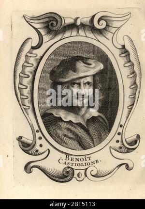 Portrait of Giovanni Benedetto Castiglione, Italian Baroque artist, painter, printmaker and draftsman 1609-1664. Benoit Castiglione. Copperplate engraving after a self portrait by Castiglione from Antoine-Joseph Dezallier dArgenvilles Abrege de la vie des plus fameux peintres, Lives of the most Famous Artists, de Bure lAine, Paris, 1762. Stock Photo