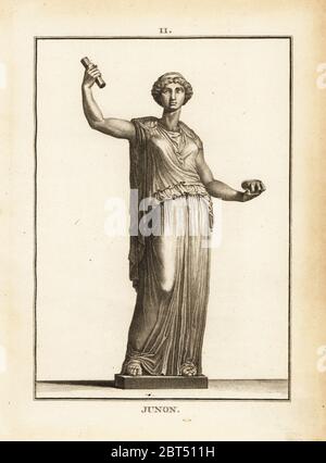 Statue of the Roman goddess Juno, queen of the gods. Copperplate engraving by Francois-Anne David from Museum de Florence, ou Collection des Pierres Gravees, Statues, Medailles, Chez F.A. David, Paris, 1787. David (1741-1824) drew and engraved the illustrations based on Roman statues, engraved stones and medals in the collection of the Museum de Florence and the cabinet of curiosities of the Grand Duke of Tuscany. Stock Photo