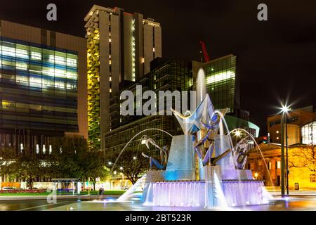 A night shot of the three rivers fountain located in Victoria Square Adelaide South Australia on the 21st May 2020 Stock Photo
