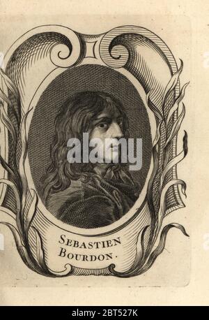 Portrait of Sebastien Bourdon, French painter and engraver, 1616-1671. Copperplate engraving after a self portrait by Sebastien Bourdon from Antoine-Joseph Dezallier dArgenvilles Abrege de la vie des plus fameux peintres, Lives of the most Famous Artists, de Bure lAine, Paris, 1762. Stock Photo