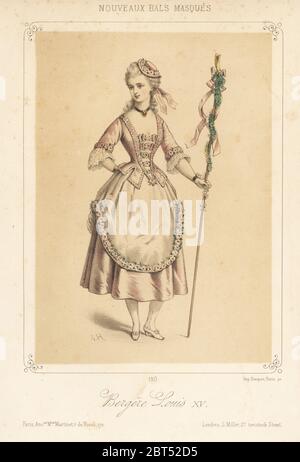 Woman in costume as a shepherdess (bergere) of the era of Louis XV and Marie Antionette for a masquerade ball. Handcoloured lithograph after A. H. published by Martinet, Paris, 1880s. Stock Photo