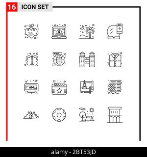Pack of 16 Modern Outlines Signs and Symbols for Web Print Media such as makeover, face compact, online, face base, islamic Editable Vector Design Ele Stock Vector