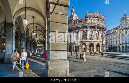 shopping arcade at Piazza De Ferrari with view of the former stock exchange and the palazzo del Credito Italiano, Genoa, Liguria, Italy Stock Photo