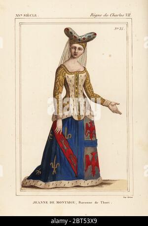 Jeanne de Montagu, wife of Jacques de Bourbon, Baron de Thuri, d. 1420. She wears a bourrelet or beret, an ermine surcot, and skirt decorated with her coat of arms. Handcoloured lithograph after a stained-glass window in the church of the Celestines at Marcoussis in Roger de Gaignieres' portfolio VI 28 from Le Bibliophile Jacob aka Paul Lacroix's Costumes Historiques de la France (Historical Costumes of France), Administration de Librairie, Paris, 1852. Stock Photo