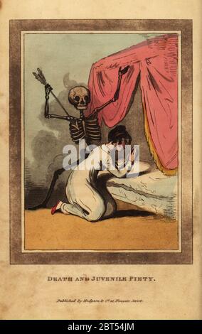 Skeleton of death aiming a dart at a young woman kneeling in prayer before bed. Death and Juvenile Piety. Handcoloured copperplate engraving by Joshua Gleadah after an illustration by Benedictus Antonio Van Assen from The British Dance of Death, Hodgson, London, 1823. Stock Photo
