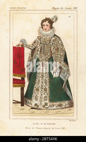 Anne of Austria, queen of France, wife to King Louis XIII of France. Handcoloured lithograph after a painting by Philippe de Champaigne from Le Bibliophile Jacob aka Paul Lacroix's Costumes Historiques de la France (Historical Costumes of France), Administration de Librairie, Paris, 1852. Stock Photo