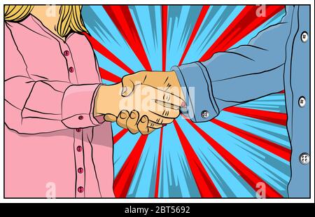 Business people shaking hands, meaking a deal, finishing up a meeting - comic book style, cartoon vector illustration. Stock Vector