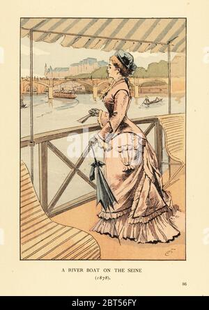 A river boat on the Seine, 1878. Woman in pink dress with parasol and fan on a tourist steamboat on the river Seine. The Bateaux Mouches launched at the Exposition universelle de 1867. Handcoloured lithograph by R.V. after an illustration by Francois Courboin from Octave Uzannes Fashion in Paris, William Heinemann, London, 1898. Stock Photo