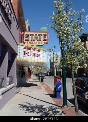 Historic State Theatre in downtown Traverse City, Michigan in the spring when the cherry trees are in bloom.