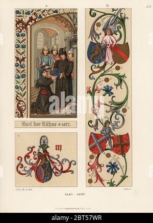 Mens costumes of the mid 15th century. Charles the Bold, Karl I der Kühne, wearing a fur-lined coat over puff sleeved doublet. From a miniature in the titlepage of Froissarts Chronicles. B shows an angel and knight in armour with heraldic shields, and C the crests of the Count of Nassau and the Wheel of Mainz taken from a prayer book in the castle library of Aschaffenburg. Chromolithograph from Hefner-Alteneck's Costumes, Artworks and Appliances from the Middle Ages to the 17th Century, Frankfurt, 1889. Illustration by Dr. Jakob Heinrich von Hefner-Alteneck, lithographed by C.R. Dr. Hefner-Alt Stock Photo
