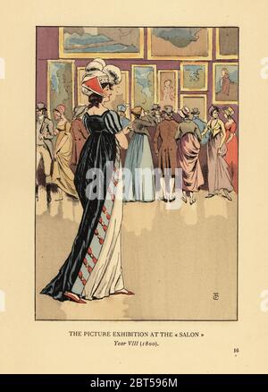 Woman in fashionable dress at the Picture Exhibition at the Paris Salon, Academie des Beaux-Arts, Year VIII, 1800. Handcoloured lithograph by R.V. after an illustration by Francois Courboin from Octave Uzannes Fashion in Paris, William Heinemann, London, 1898. Stock Photo
