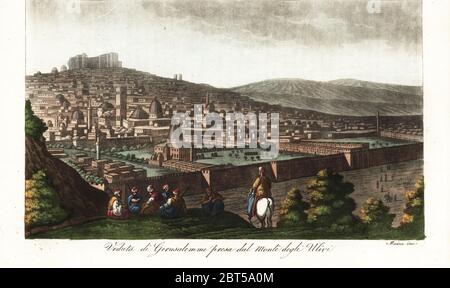 View of Jerusalem as seen from the Mount of Olives, Israel, 1800s. Veduta di Gerusalemme presa dal Monte degli Ulivi. Handcoloured copperplate engraving by Maina after Giulio Ferrario in his Costumes Ancient and Modern of the Peoples of the World, Il Costume Antico e Modern o Story, Florence, 1833. Copied from Luigi Mayers Views in Egypt, Palestine and Other Parts of the Ottoman Empire, 1804. Stock Photo