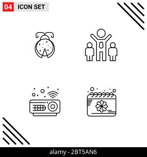 Group of 4 Filledline Flat Colors Signs and Symbols for beetle, projector, ladybug, people, date Editable Vector Design Elements Stock Vector