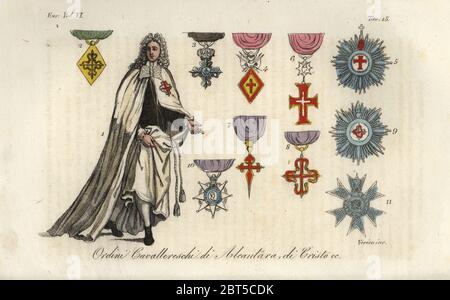 Knight of the Spanish Order of Calatrava In ceremonial robes with emblems and crosses. Ordini Cavallereschi di Alcantara, di Cristo, etc. Handcoloured copperplate engraving by Verico after Giulio Ferrario in his Costumes Ancient and Modern of the Peoples of the World, Il Costume Antico e Modern o Story, Florence, 1829. Stock Photo