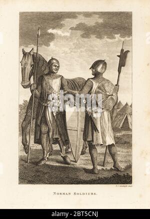 Norman soldiers in chainmail and plate armour with shield, lance, halberd, in front of military campaign tents. Copperplate engraving by N.C. Goodnight from Francis Grose's Military Antiquities respecting a History of the English Army, Stockdale, London, 1812. Stock Photo