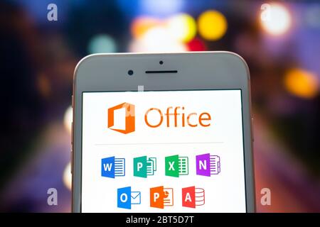 Calgary, Alberta. Canada May 22, 2020. An iPhone Plus with a Microsoft Office software logos on the screen. Stock Photo