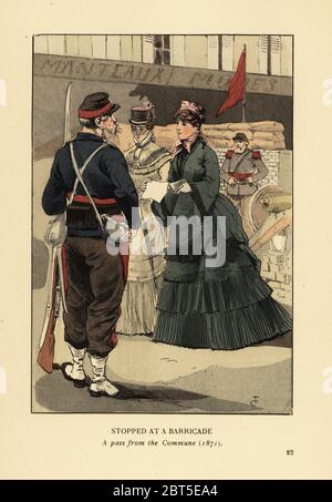 Stopped at a barricade, a pass from the Paris Commune, 1871. Two fashionable women in crinoline dresses and hats show papers to a soldier with rifle. Handcoloured lithograph by R.V. after an illustration by Francois Courboin from Octave Uzannes Fashion in Paris, William Heinemann, London, 1898. Stock Photo