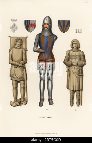 Sir Guy de Bryan, Baron Bryan, died 1391. In suit of armour with chainmail camail attached to helmet. From his grave effigy in Tewkesbury Abbey, England. With two examples of Italian knights of the late 14th century. Chromolithograph from Hefner-Alteneck's Costumes, Artworks and Appliances from the Middle Ages to the 17th Century, Frankfurt, 1889. Illustration by Dr. Jakob Heinrich von Hefner-Alteneck, lithographed by C.R. Dr. Hefner-Alteneck (1811 - 1903) was a German museum curator, archaeologist, art historian, illustrator and etcher. Stock Photo