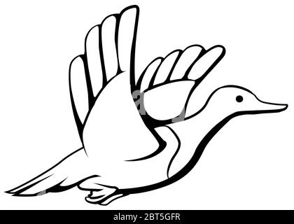 Duck flying cartoon line drawing, vector, horizontal, black and white, isolated Stock Vector