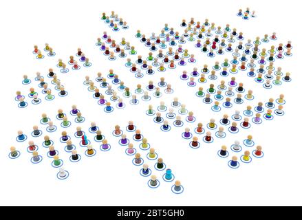 Crowd of small symbolic 3d figures system, wireless blocks structure, isolated, over white, horizontal Stock Photo