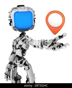 Screen robot figure character holding location marker, 3d illustration, horizontal, isolated Stock Photo