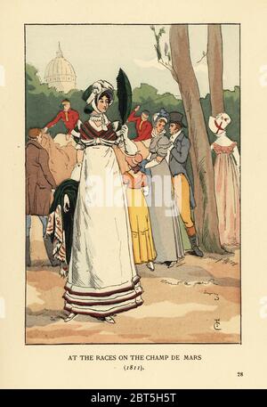 Fashionable woman at the horse races on the Champ de Mars, 1811. She wears a bonnet, high-waisted walking dress and carries a shawl and large feather. Jockeys on horseback in the background, and a gentleman whispering to a mother with girl. Handcoloured lithograph by R.V. after an illustration by Francois Courboin from Octave Uzannes Fashion in Paris, William Heinemann, London, 1898. Stock Photo