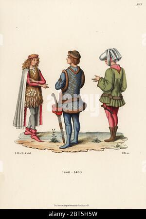 Mens costumes of the mid 15th century. Young man in doublet with long sleeves from a Saxon lineage book, nobleman in costume of the Lower Rhine from a painting in the Van Eyck school, and Italian fashion of the Pietro Perugino era from a Berlin copperplate collection. Chromolithograph from Hefner-Alteneck's Costumes, Artworks and Appliances from the Middle Ages to the 17th Century, Frankfurt, 1889. Illustration by Dr. Jakob Heinrich von Hefner-Alteneck, lithographed by C.R. Dr. Hefner-Alteneck (1811 - 1903) was a German museum curator, archaeologist, art historian, illustrator and etcher. Stock Photo