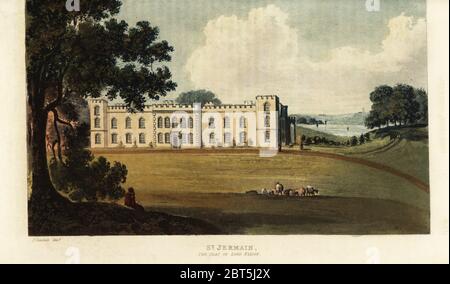 St.. Jermain, Port Eliot, Cornwall, the seat of John Craggs Eliot, Earl St. Germain. Crenellated mansion in a park. Handcoloured copperplate engraving after an illustration by John Gendall from Rudolph Ackermanns Repository of Arts, London, 1826. Stock Photo