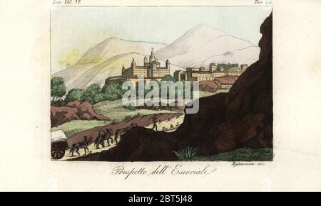 View of the Royal Site of San Lorenzo de El Escorial, near Madrid, Spain. Prospetto dellEscoriale. Handcoloured copperplate engraving by Migliavacca after Giulio Ferrario in his Costumes Ancient and Modern of the Peoples of the World, Il Costume Antico e Modern o Story, Florence, 1829.