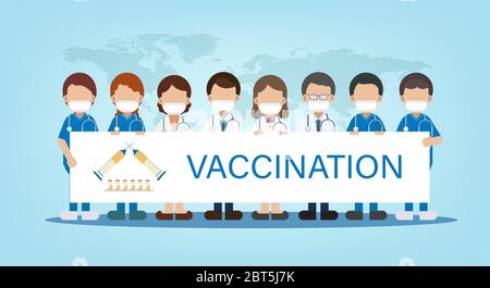 Vaccination concept with medical staff and board flat design vector illustration Stock Vector