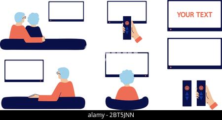 Happy senior couple sitting on couch, watching news at home. Elderly man, woman. Grandparents relax, spend time together. TV remote control. Set of Stock Vector