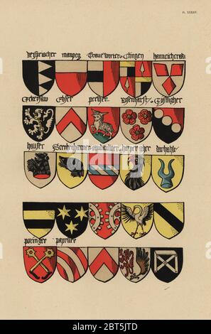 Ecus or blazons of the German nobility, 15th century. Chromolithograph from Loredan Larchey's Ancien Armorial Equestre de la Toison d'Or et de l'Europe au 15e siecle (Ancient Equestrian Armorials of the Order of the Golden Fleece and Europe in the 15th century), Paris, 1890. From illustrated manuscript 4790 in the Bibliotheque de l'Arsenal. Stock Photo