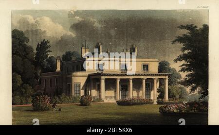 Wimbledon Park House. Built in 1801 by George John Spencer, 2nd Earl Spencer, designed by architect Henry Holland with gardens by Capability Brown. Handcoloured copperplate engraving after an illustration by T.H. Shepherd from Rudolph Ackermanns Repository of Arts, London, 1825. Stock Photo