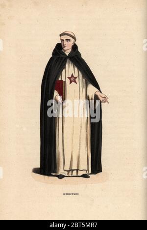 Monk of the Order of Bethlehemite friars, Bethleemites. Handcoloured woodblock engraving after an illustration by Jacques Charles Bar from Abbot Tirons Histoire et Costumes des Ordres Religieux, Librairie Historique-Artistique, Brussels, 1845. Stock Photo