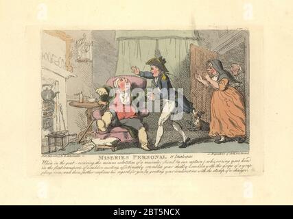 Man suffering from painful gout in his limbs greeted by a muscular sailor with a strong handshake and a stamp on the foot. Miseries Personal. Handcoloured copperplate engraving designed and etched by Thomas Rowlandson to accompany Reverend James Beresfords Miseries of Human Life, Ackermann, 1808. Stock Photo