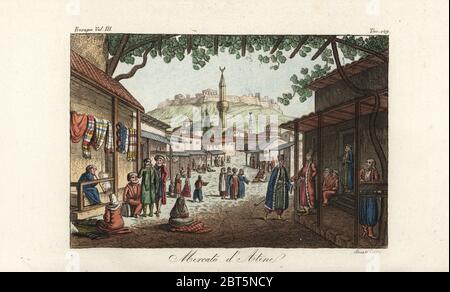 View of the market or bazaar in Athens, 18th century. Greek, Turkish and Albanian men smoking, walking and bartering, women setting out stalls on the road, the Acropolis in the background. Copied from Edward Dodwell's Views in Greece. Handcoloured copperplate engraving by Sasso from Giulio Ferrario's Costumes Ancient and Modern of the Peoples of the World, Florence, 1847. Stock Photo