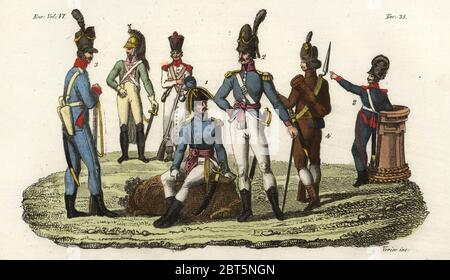 Uniforms of the Portuguese Army, 1800s. Officer 1, infantry officer 2, Lisbon police guards 3, and armed peasant from the Algarve 4. Portuguese soldiers in French Dragoon and Guards uniforms in rear. Handcoloured copperplate engraving by Verico after Giulio Ferrario in his Costumes Ancient and Modern of the Peoples of the World, Il Costume Antico e Modern o Story, Florence, 1829. Stock Photo