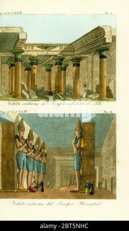 Interior of the Temple of Isis on Philae Island, Nubia, and interior of the Great Temple of Ramses II at Abu Simbel (Ibsambul), Nubia. Handcoloured copperplate engraving from Giulio Ferrario's Costumes Ancient and Modern of the Peoples of the World, Florence, 1834. Stock Photo