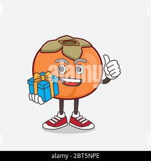 An illustration of Persimmon Fruit cartoon mascot character with gift Stock Vector