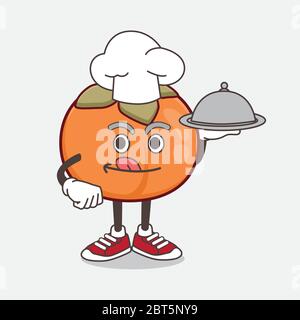 An illustration of Persimmon Fruit cartoon mascot character as a Chef with food on tray ready to serve Stock Vector