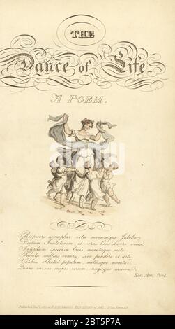Title page with calligraphic title and vignette of woman dancing with children. Handcoloured copperplate engraving after an illustration by Thomas Rowlandson from William Coombes The Dance of Life, Rudolph Ackermann, London, 1817. Stock Photo