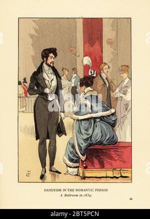 Dandyism in the Romantic Period, A ballroom in 1834. Fop in coat with tails, tight pants and top hat. Woman in fur-trim dress with feather in her hair. Handcoloured lithograph by R.V. after an illustration by Francois Courboin from Octave Uzannes Fashion in Paris, William Heinemann, London, 1898. Stock Photo